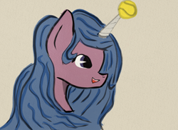 Size: 4096x2989 | Tagged: safe, artist:mylittleninja, izzy moonbow, pony, unicorn, g5, ball, bust, female, high res, horn, horn guard, horn impalement, hornball, izzy's tennis ball, mare, portrait, solo, tennis ball