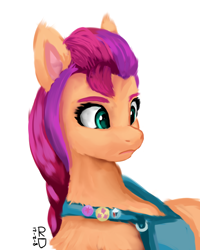 Size: 4000x5000 | Tagged: safe, artist:raphaeldavid, sunny starscout, earth pony, pony, g5, absurd resolution, badge, bag, braid, female, looking back, mare, saddle bag, signature, simple background, solo, white background