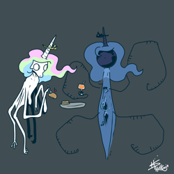 Size: 2048x2048 | Tagged: safe, artist:hotkoin, princess celestia, princess luna, g4, all tomorrows, creepy, crown, cup, drink, duo, female, food, high res, jewelry, juice, new machine, pancakes, plate, regalia, royal sisters, siblings, sisters, species swap, terrestrial