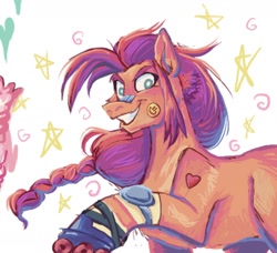 Size: 1616x1474 | Tagged: safe, artist:coloronthewallz, sunny starscout, earth pony, pony, g5, bandaid, bandaid on nose, elbow pads, female, grin, heart, mare, roller skates, simple background, smiley face, smiling, solo, sticker, white background
