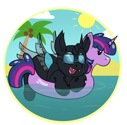 Size: 4027x3955 | Tagged: safe, artist:rokosmith26, oc, oc only, oc:tarsi, changeling, beach, changeling horn, changeling oc, changeling wings, cloud, commission, cute, cute little fangs, cuteling, fangs, floating, floaty, glasses, happy, high res, horn, inner tube, looking up, open mouth, open smile, palm tree, pool toy, smiling, solo, spread wings, sun, teeth, transparent wings, tree, water, wings, ych result