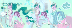 Size: 1280x498 | Tagged: safe, artist:malinraf1615, mistmane, pony, unicorn, g4, clothes, horn, kimono (clothing), reference sheet, solo, young, young mistmane, younger