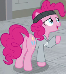 Size: 600x675 | Tagged: safe, screencap, pinkie pie, earth pony, pony, g4, season 9, the last laugh, balloonbutt, butt, clothes, cropped, female, mare, plot, raised hoof, solo
