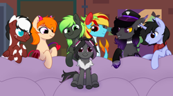 Size: 3600x2008 | Tagged: safe, artist:unichan, oc, oc only, oc:autumn lust, oc:comet wolf, oc:drivel, oc:green lightning, oc:mimicry, oc:rye bread, bat pony, dracony, dragon, earth pony, hybrid, pegasus, pony, succubus, succubus pony, unicorn, bedroom eyes, collar, commission, couch, dyed mane, female, grin, hat, heterochromia, high res, imminent sex, jewelry, male, mare, necklace, piper perri surrounded, shiftling, sitting, smiling, stallion, succubus oc, ych result