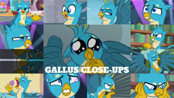 Size: 1280x722 | Tagged: safe, edit, edited screencap, editor:quoterific, screencap, gallus, griffon, g4, season 8, season 9, angry, close-up, cute, evil smile, gallabetes, grin, puppy dog eyes, puppy-eyed gallus, scared, smiling, solo