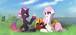 Size: 3000x1400 | Tagged: safe, artist:freeedon, oc, oc only, pony, unicorn, cake, female, food, mare