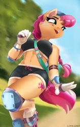 Size: 808x1280 | Tagged: safe, artist:lummh, sunny starscout, earth pony, anthro, unguligrade anthro, g5, abs, adorasexy, athlete, athletic, athletic tape, bandaid, belly button, big breasts, braid, braided ponytail, breasts, busty sunny starscout, clothes, coat markings, cute, elbow pads, eyebrows, female, gloves, happy, hooves, joy, knee pads, legs, looking back, messenger bag, midriff, muscles, muscular female, park, pins, protection, roller skates, rollerblades, sexy, shorts, sky, socks (coat markings), solo, sports bra, sports shorts, sunny starstrong, sunnybetes, thighs, tree, workout outfit