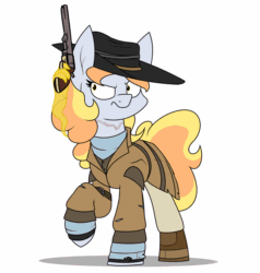 Size: 1400x1469 | Tagged: safe, artist:moonatik, oc, oc only, oc:dawn rain, pony, animated, boots, clothes, coat, cowboy hat, female, gun, gunslinger, hand, handgun, hat, listening, magic, magic hands, mare, revolver, shirt, shoes, solo, the good the bad and the ugly