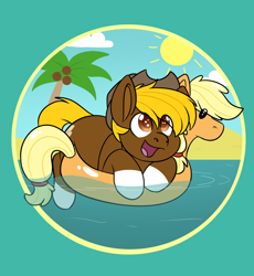 Size: 4072x4424 | Tagged: safe, alternate character, alternate version, artist:rokosmith26, applejack, oc, oc only, oc:acres, earth pony, pony, absurd resolution, beach, blonde mane, blonde tail, brown coat, coat markings, coconut, commission, cowboy hat, earth pony oc, food, hat, inflatable, inflatable toy, male, open mouth, palm tree, pool toy, sand, smiling, solo, stallion, sun, tree, water, ych result