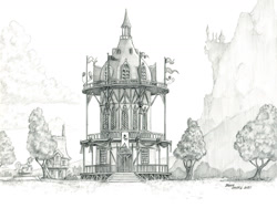 Size: 1400x1051 | Tagged: safe, artist:baron engel, g4, building, canterlot, flag, monochrome, mountain, no pony, pencil drawing, ponyville, ponyville town hall, scenery, statue, traditional art, tree