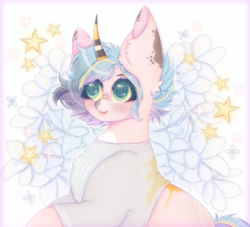 Size: 1100x1000 | Tagged: safe, artist:saltyvity, oc, oc only, pony, unicorn, commission, cute, flower, green eyes, solo, sparkles, stars