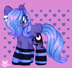 Size: 3193x3000 | Tagged: safe, artist:bunxl, princess luna, alicorn, pony, g4, blushing, clothes, ethereal mane, heart, heart eyes, high res, looking at you, s1 luna, skull, socks, solo, spread wings, starry mane, starry tail, striped socks, tail, wingding eyes, wings