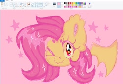 Size: 1444x990 | Tagged: safe, artist:bunxl, fluttershy, bat pony, pony, g4, bat ponified, fangs, flutterbat, looking at you, ms paint, one eye closed, race swap, smiling, solo, starry eyes, wingding eyes, wink