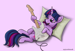 Size: 1624x1100 | Tagged: safe, artist:exploretheweb, twilight sparkle, alicorn, pony, g4, electric guitar, female, guitar, lying down, mare, musical instrument, on back, pillow, pink background, simple background, solo, twilight sparkle (alicorn)