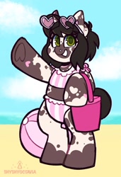 Size: 1401x2048 | Tagged: safe, artist:shyshyoctavia, oc, oc only, oc:bunny, pony, unicorn, beach ball, bikini, bipedal, bucket, clothes, heart, looking at you, smiling, sunglasses, swimsuit, underhoof, waving