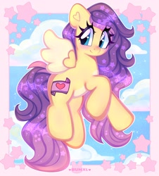 Size: 2804x3100 | Tagged: safe, artist:bunxl, oc, oc only, oc:ashie, pegasus, pony, blushing, ethereal mane, flying, heart, heart eyes, high res, smiling, solo, spread wings, starry mane, starry tail, tail, wingding eyes, wings