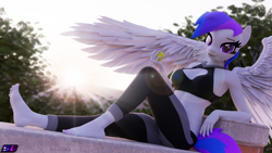 Size: 3840x2160 | Tagged: safe, artist:shadowboltsfm, oc, oc:inkwell stylus, pegasus, anthro, plantigrade anthro, 3d, 4k, adorasexy, ball, barefoot, beautiful, blender, breasts, clothes, cute, eyelashes, feet, high res, lens flare, looking at you, nail polish, not sfm, pants, sexy, sitting, smiling, tennis ball, toenail polish, toes, yoga pants