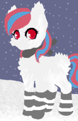 Size: 194x300 | Tagged: safe, oc, oc:snowi, pony, unicorn, blue hair, clothes, female, female oc, horn, mare, multicolored mane, pony oc, red eyes, red hair, snow, socks, unicorn oc