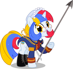 Size: 4000x3796 | Tagged: safe, artist:n0kkun, oc, oc only, oc:arepita, pony, unicorn, boots, clothes, coat, female, freckles, glasses, hat, headband, jewelry, mare, multicolored hair, nation ponies, necklace, open mouth, ponified, raised hoof, shirt, shoes, simple background, solo, spear, sword, transparent background, venezuela, weapon