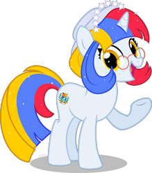 Size: 3000x3430 | Tagged: safe, alternate version, artist:n0kkun, oc, oc only, oc:arepita, pony, unicorn, female, freckles, glasses, hat, headband, high res, mare, multicolored hair, nation ponies, open mouth, ponified, raised hoof, simple background, solo, transparent background, venezuela