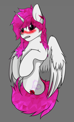 Size: 2364x3888 | Tagged: safe, artist:alistair504, oc, oc only, alicorn, pony, alicorn oc, blushing, chest fluff, eye clipping through hair, gray background, high res, horn, looking at you, male, simple background, solo, stallion, wings