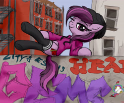 Size: 4096x3400 | Tagged: safe, artist:littlenaughtypony, oc, oc only, oc:ruby geminis, earth pony, pony, alternate clothes, beanie, clothes, graffiti, hat, hoodie, smiling, socks, stockings, thigh highs, underhoof, wall