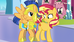 Size: 1280x720 | Tagged: safe, artist:supersamyoshi, flash sentry, sunset shimmer, pony, unicorn, g4, female, male, ship:flashimmer, shipping, stallion, straight