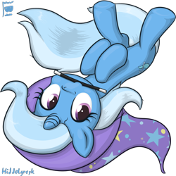 Size: 1000x1000 | Tagged: safe, artist:hiddelgreyk, trixie, pony, unicorn, g4, clothes, cute, cutie mark, diatrixes, eyelashes, female, hat, horn, lying down, magic wand, mare, mouth hold, on back, signature, simple background, solo, transparent background, trixie's hat, upside down, wand