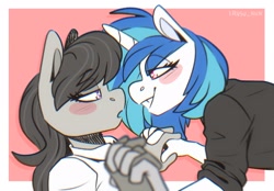 Size: 2048x1423 | Tagged: safe, artist:lrusu, dj pon-3, octavia melody, vinyl scratch, earth pony, unicorn, anthro, g4, black shirt, blushing, clothes, female, holding hands, leaning forward, lesbian, looking at each other, ship:scratchtavia, shipping, shirt, white shirt