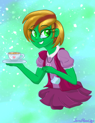 Size: 351x456 | Tagged: safe, artist:janeblood969, oc, oc:nicole sunstone, equestria girls, g4, cup, food, smiling, tea