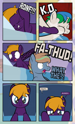 Size: 1920x3169 | Tagged: safe, artist:alexdti, oc, oc only, oc:brainstorm (alexdti), oc:purple creativity, oc:star logic, earth pony, pegasus, pony, unicorn, comic:quest for friendship, abuse, comic, eyes closed, female, glasses, knock out, male, open mouth, trio, twilight's castle