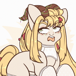 Size: 2000x2000 | Tagged: safe, artist:etoz, oc, oc only, oc:lily, original species, pony, angry, annoyed, clothes, eyebrows, eyebrows visible through hair, female, flower, flower in hair, grumpy, high res, horns, mare, open mouth, solo, teeth, tongue out