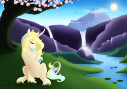 Size: 1920x1344 | Tagged: safe, artist:acry-artwork, oc, oc only, oc:acry, oc:acry weaver, pony, unicorn, mountain, river, solo, sun, tree, waterfall