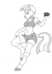 Size: 1024x1461 | Tagged: safe, artist:anadukune, zecora, zebra, anthro, unguligrade anthro, g4, burger, clothes, commission, female, food, hamburger, lineart, looking at you, monochrome, shorts, simple background, socks, solo, tank top, white background, wip