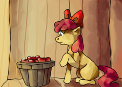 Size: 1322x953 | Tagged: safe, artist:justalittleamerican, earth pony, pony, apple, bucket, female, filly, food, solo