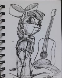 Size: 1080x1350 | Tagged: safe, artist:rockhoppr3, apple bloom, earth pony, pony, g4, female, filly, guitar, musical instrument, sketch, sketchbook, smiling, solo, traditional art