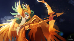 Size: 2560x1440 | Tagged: safe, artist:zidanemina, captain celaeno, avian, anthro, g4, alternate hairstyle, armor, armpits, arrow, bow (weapon), bow and arrow, crossover, female, frown, night, open mouth, pirate parrot, saint seiya, solo, weapon