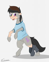 Size: 1006x1280 | Tagged: safe, artist:furnaise, octavia melody, earth pony, human, pony, g4, blushing, clothes, eye color change, human to pony, male to female, pants, rule 63, shirt, solo, transformation, transgender transformation