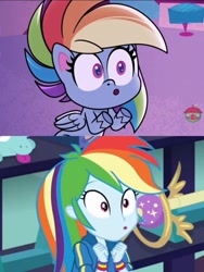 Size: 1717x2286 | Tagged: safe, edit, screencap, rainbow dash, pegasus, pony, equestria girls, equestria girls specials, g4, g4.5, my little pony equestria girls: better together, my little pony equestria girls: holidays unwrapped, my little pony: pony life, zound off, comparison, oooooh, pony life interpretation, rainbow dash is best facemaker, same energy