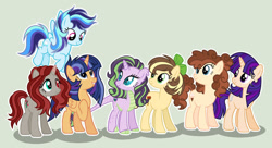 Size: 1024x558 | Tagged: safe, artist:katsubases, artist:sistervailory, oc, oc only, oc:apple rope, oc:cream pie, oc:fluorite, oc:knightfall moon, oc:rosabella, oc:sky blue, oc:star velvet, alicorn, dracony, earth pony, hybrid, pegasus, pony, unicorn, alicorn oc, base used, earth pony oc, female, green background, horn, interspecies offspring, mare, offspring, parent:applejack, parent:caramel, parent:cheese sandwich, parent:flash sentry, parent:fluttershy, parent:king sombra, parent:pinkie pie, parent:rainbow dash, parent:rarity, parent:soarin', parent:spike, parent:twilight sparkle, parents:carajack, parents:cheesepie, parents:flashlight, parents:soarindash, parents:sombrashy, parents:sparity, pegasus oc, simple background, unicorn oc, wings