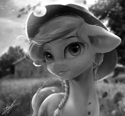 Size: 2200x2050 | Tagged: safe, artist:thatdreamerarts, applejack, earth pony, pony, g4, alternate hairstyle, braid, cowboy hat, female, grayscale, hat, high res, mare, monochrome, realistic, solo, straw in mouth, sweet apple acres