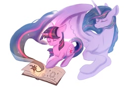 Size: 1280x1024 | Tagged: safe, artist:不语的森林, twilight sparkle, alicorn, pony, unicorn, g4, the last problem, book, crying, duality, eyes closed, older, older twilight, older twilight sparkle (alicorn), princess twilight 2.0, self ponidox, simple background, tears of joy, twilight sparkle (alicorn), white background