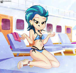 Size: 983x942 | Tagged: safe, artist:charliexe, indigo zap, equestria girls, g4, belly button, bikini, breasts, clothes, crystal prep shadowbolts, ear piercing, female, frown, looking at you, piercing, sandals, shoes, sleeveless, solo, sunglasses, swimsuit
