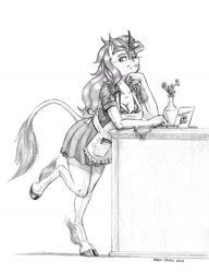 Size: 1000x1304 | Tagged: safe, artist:baron engel, oc, oc only, oc:lumi, kirin, anthro, unguligrade anthro, breasts, cafe, female, grayscale, monochrome, pencil drawing, solo, traditional art, waitress