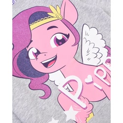 Size: 1500x1500 | Tagged: safe, pipp petals, pegasus, pony, g5, official, 2d, clothes, female, gray background, mare, merchandise, simple background, solo, sweatshirt, text