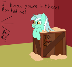 Size: 3198x2993 | Tagged: safe, artist:librarylonging, lyra heartstrings, pony, unicorn, g4, box, caught, crate, eating, food, herbivore, high res, implied anon, l.u.l.s., oats, pony in a box, puffy cheeks, solo, text, that pony sure does love oats