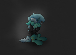 Size: 5573x4079 | Tagged: safe, artist:background basset, lyra heartstrings, pony, unicorn, g4, clothes, depressed, dig the swell hoodie, eyes closed, gray background, holding head, hoodie, hoof on head, simple background, sitting, solo