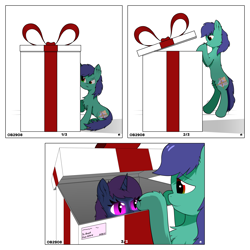 Size: 6441x6441 | Tagged: safe, artist:ob2908, oc, oc only, oc:glare moon, oc:ordery break, earth pony, pony, unicorn, chest fluff, comic, female, male, present