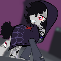 Size: 704x707 | Tagged: safe, artist:crossthecanine, oc, oc only, oc:darkjester, pegasus, pony, spider, base used, choker, concert, contact lens, curly hair, glare, goth, gothic, hello kitty, performance, piercing, sanrio, sharp teeth, solo, spider web, spiderwebs, spiked, spiked choker, tattoo, teeth