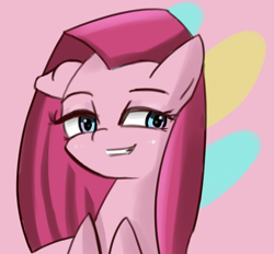 Size: 1136x1056 | Tagged: safe, artist:solid shrimp, pinkie pie, earth pony, pony, g4, female, floppy ears, lidded eyes, mare, pinkamena diane pie, smiling, solo, straight hair